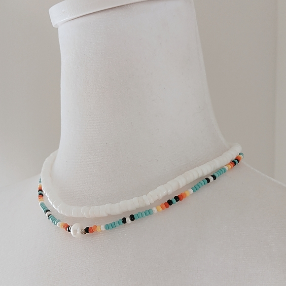 Source Unknown Jewelry - ↠ Boho Western White Shell Bead & Multi Colored Seed Bead Center Pearl Necklaces